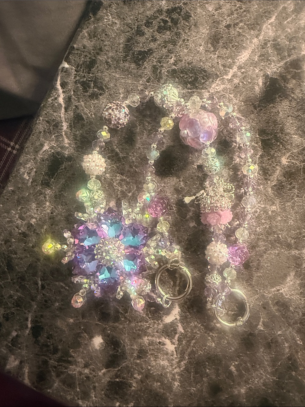 Iridescent Crystal Snowflake Keychain with Beaded Strap